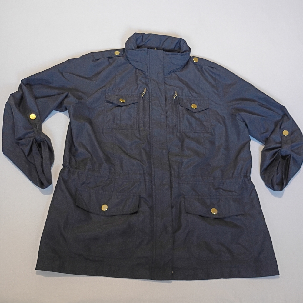 Style & Co. Black Quarter-Sleeve Utility Parka Coat Gold Accents Has Some Wear
